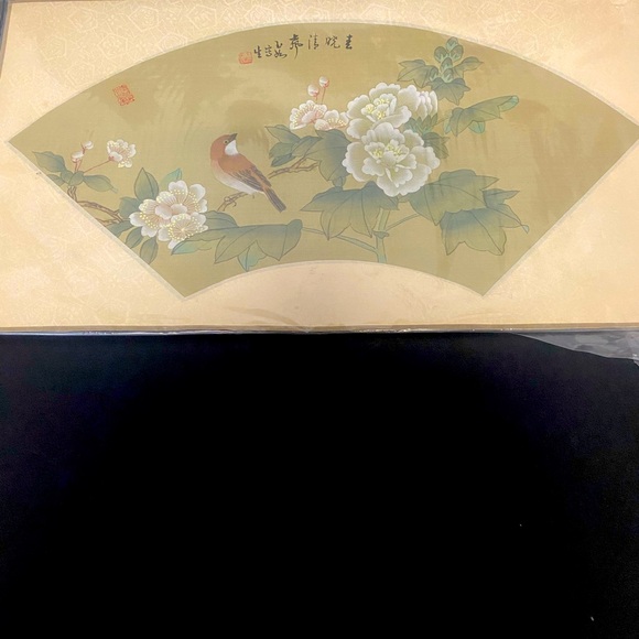 Vintage Painting Of Bird & Flowers, On Silk. Bird Sitting On Branch. - Picture 1 of 8